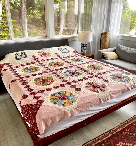 Vintage Dresden Plate Quilt Floral Patchwork Blanket Top Pink Red Country Cottage Etsy