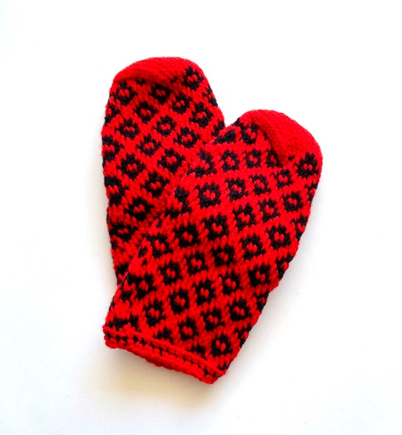 Vintage Knit Mittens Red Black Hand Warmers - image 3