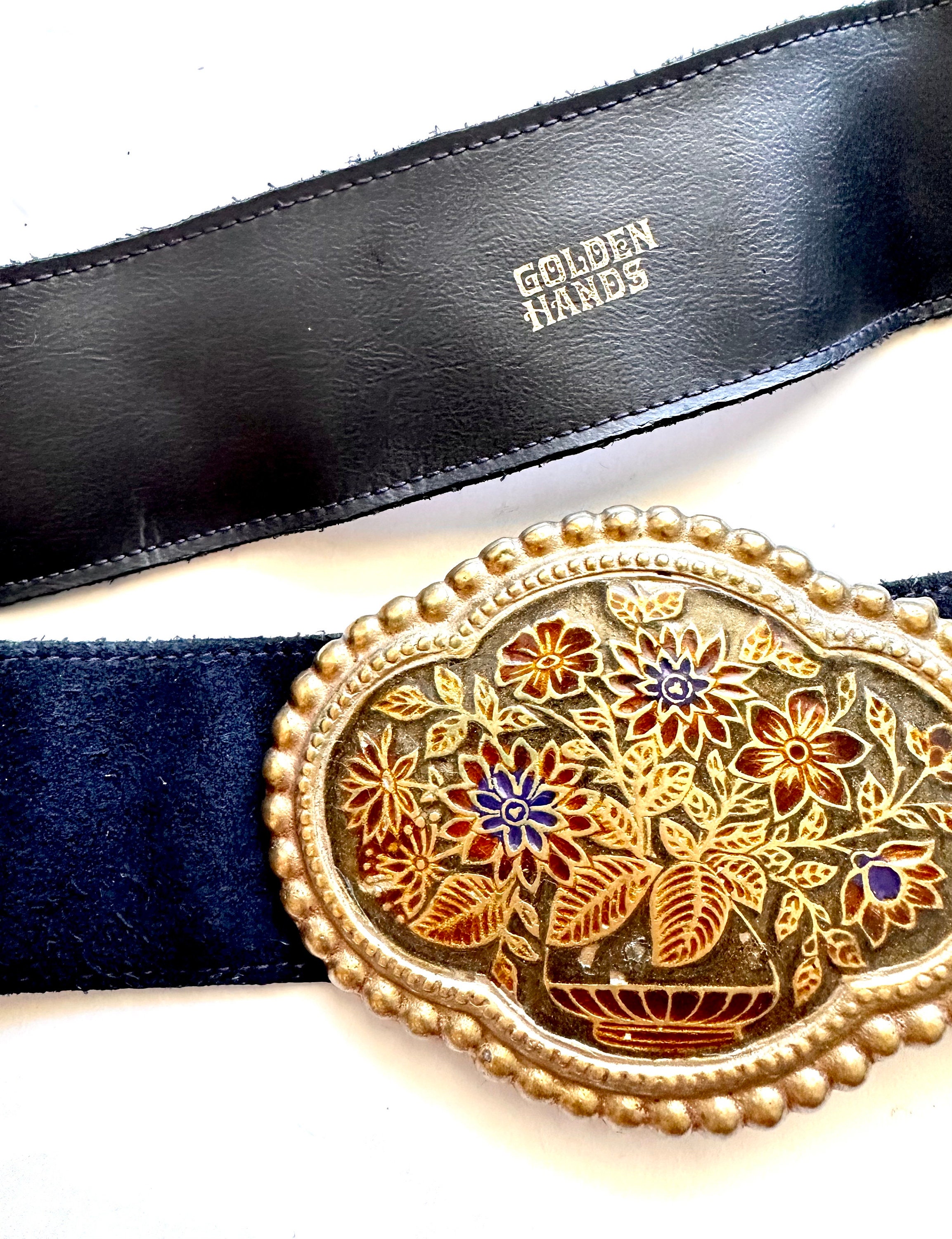 Golden Hands Lee Bernay Vintage Belt Brass Enamel Buckle Suede Belt Boho Hippie Golden Hands Lee Bernay Vintage Belt Brass Enamel Buckle  main image 3