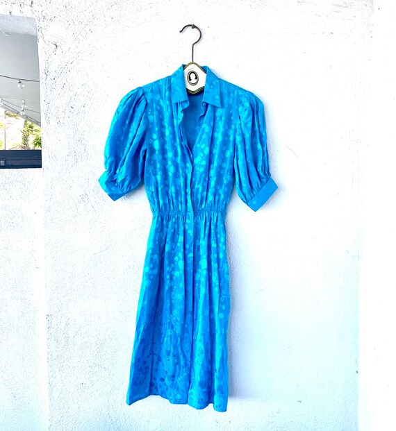 Vintage 80s Silk Collared Strong Shoulder Blue Mi… - image 6