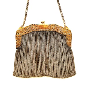Antique Art Deco Sterling Silver Chain Mesh Bag Gold Wristlet Handbag Purse