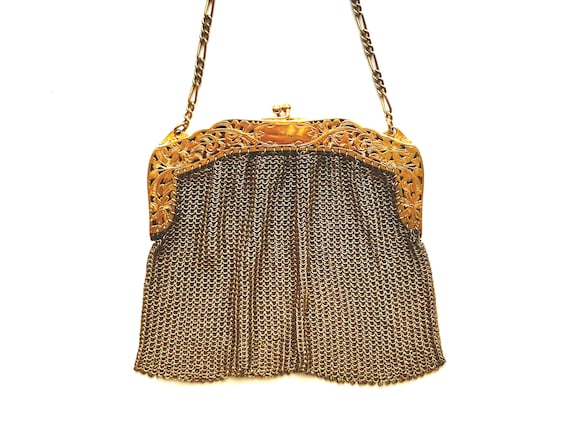 Antique Art Deco Sterling Silver Chain Mesh Bag Gold Wristlet Handbag Purse
