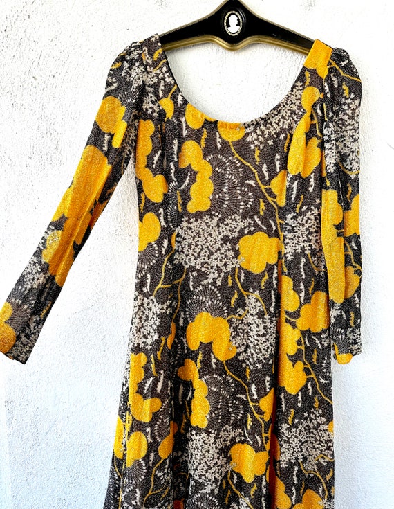 Vintage 60s 70s Lurex Metallic Dress 1960s Floral Disco Glam Sparkly Dress