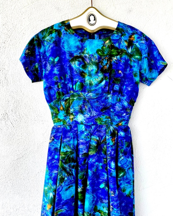 Vintage 50s 60s Japanese Silk Artsy Floral Blue D… - image 2