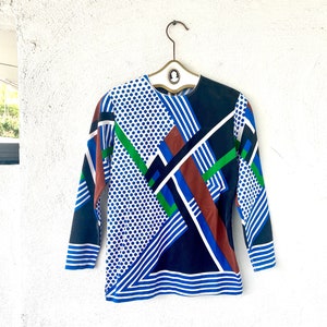 Vintage 60er 70er Jahre Geometrisch Abstrakt Gestreift Polka Gepunktet Langarm Shirt Strick Top