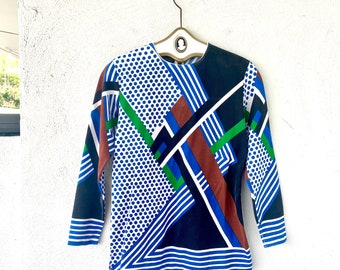 Vintage 60s 70s Geometric Abstract Striped Polka Dotted Long Sleeve Shirt Knit Top