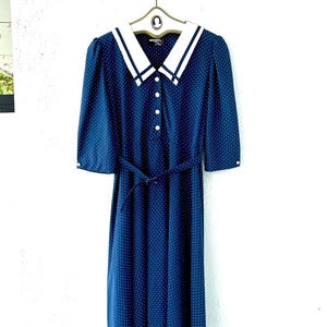 Vintage 80s Polka Dotted Collar Nautical Dress 1980s Sailor Blue White Dress