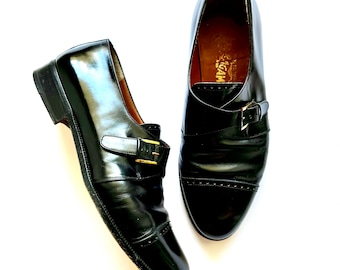 Vintage Salvatore Ferragamo Monk Strap Shoes // Black Leather Shoes Cap Toe