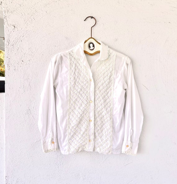 Vintage 70s Prairie Lace Collar Shirt White Ruffl… - image 1