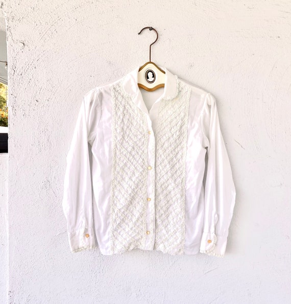 Vintage 70s White Lace Collar Shirt 1970s Striped Ruffle Tuxedo Top