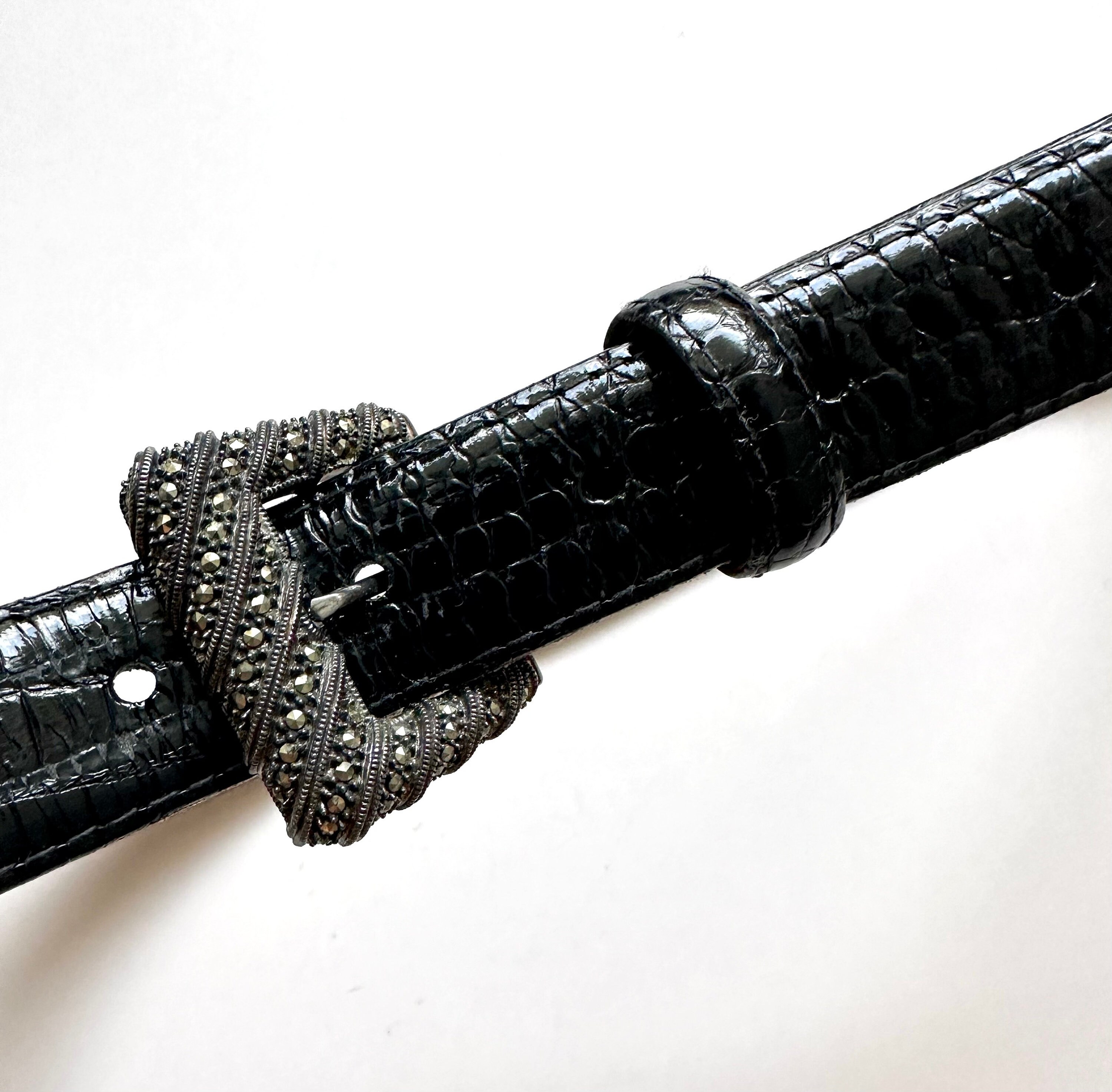 Vintage 90s Marcasite Sterling Silver Buckle Patent Leather 