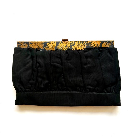 Vintage 1940s 1950s Gold Floral Black Handbag Clu… - image 3