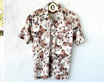 Chemise Vintage Farah Années 70 - Homme Taille L - Col Poignard - Motif Cachemire Vert/brun/orange