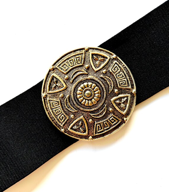 Vintage Gold Medallion Belt 1980s Large Buckle Wide Black  display picture 2