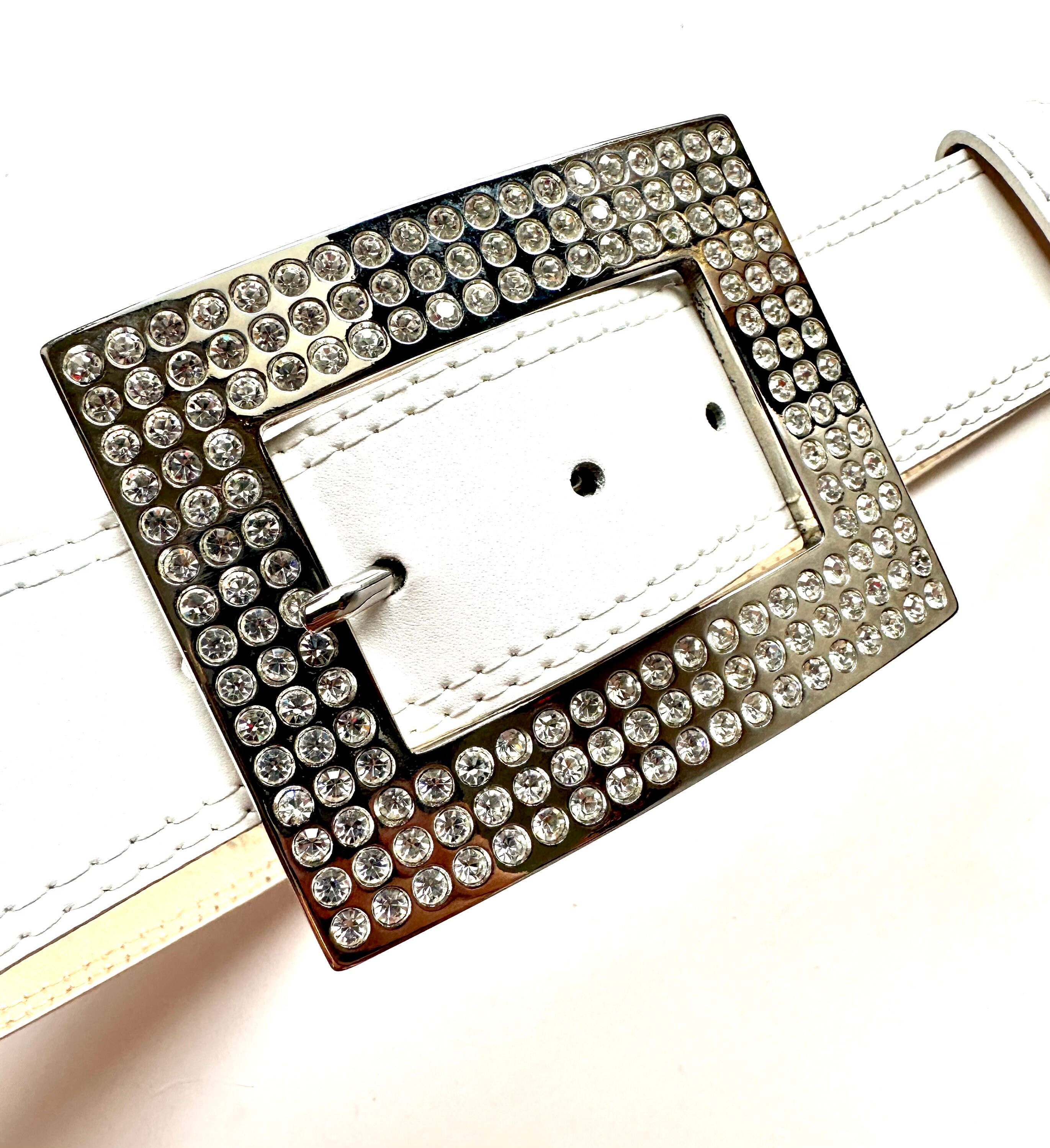 Vintage Rhinestones Buckle Leather Belt Roccobarocco White 