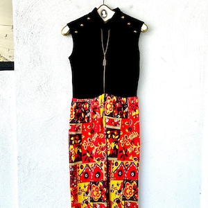 Vintage 60s 70s Psychedelic Mod Dress // Black Red Bright Graphic Bird Maxi Dress