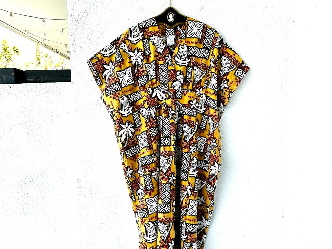 Vintage 70s Hawaiian Outrigger Graphic Tapa Dress Caftan 1970s Hawaii ...