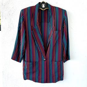 Vintage 80s 90s Silk Suit Jacket 1979s Glam 1990s Striped Blazer Black Rainbow Pop Costume