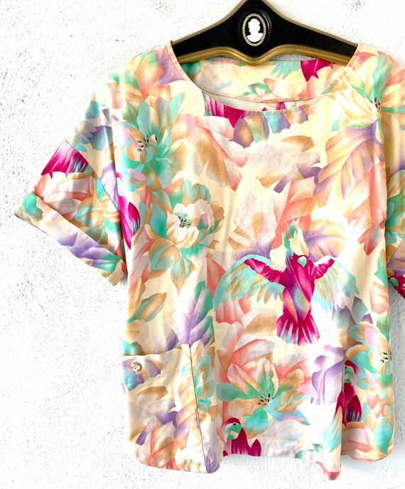 Vintage 80s Hawaiian Tropical Shirt Parrot Jungle… - image 3