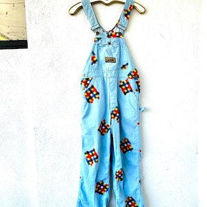 Vintage 70s Wide Leg Patchwork Overalls 1970s Washington Dee Cee Graphic Overall Workwear Jeans