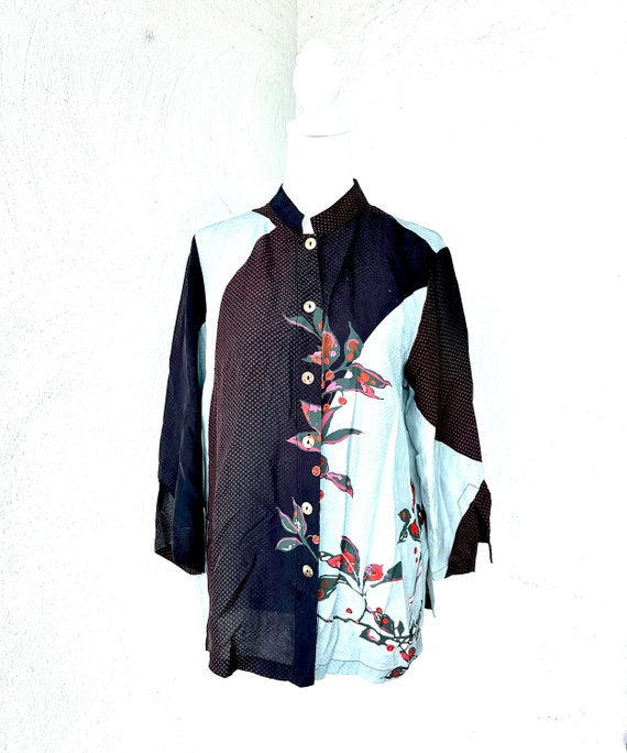 Vintage Citron 90s Silk Top Mandarin Collar Shirt… - image 1