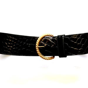 Vintage 90s Calfskin Leather Wide Belt 1990s Black Leather Gold Buckle