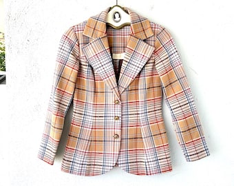 Vintage 70s Vicky Vaughn Plaid Blazer Suit Coat 1970s Lightweight Jacket