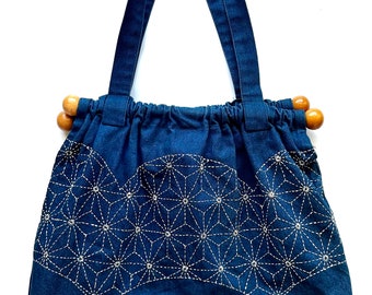 Vintage 70s Embroidered Denim Bag 1970s Denim Tote Wood Top Handle Purse Handbag