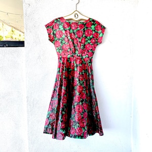 Vintage 50s Red Rose Party Dress // 90s does 1950s Style Glam Shiny Full Skirt Dress