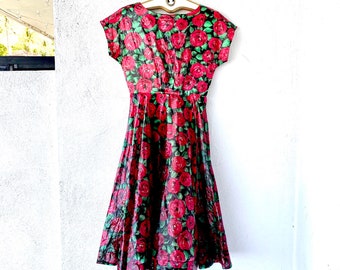Vintage 90s Does 50s Red Rose Party Dress: Full Skirt Glam