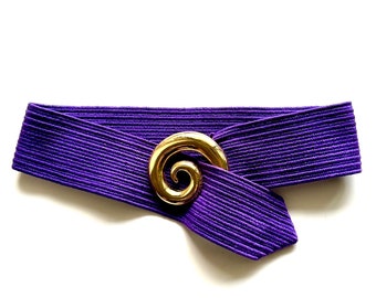 Vintage 80s Spiral Wide Belt Purple Gold Big Buckle Elastic 1980s Glam Accessories