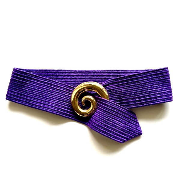 Vintage 80s Spiral Wide Belt Purple Gold Big Buckle Elastic 1980s Glam Accessories