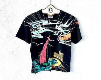 Vintage 80s 90s Splatter Paint Glitter Tshirt Single Stitch Artsy Nautical Sailboat Shirt