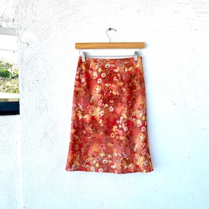 Vintage 70s 90s Metallic Sparkly Floral Skirt // Red Yellow Sparkle Flirty Skirt image 1