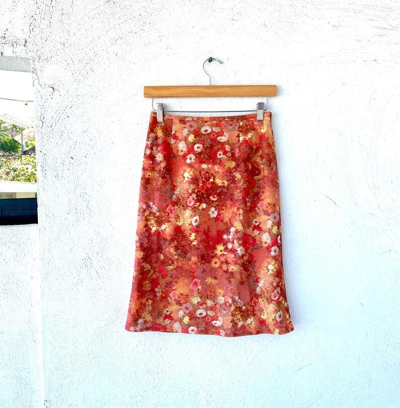 Vintage 70s 90s Metallic Sparkly Floral Skirt // Red Yellow Sparkle Flirty Skirt image 1