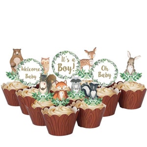 33 Woodland Animals Cupcake Toppers, Oh Baby Woodland Cupcake Toppers, Welcome Baby Cupcake Toppers, Its a Boy Cupcake Toppers, Baby Shower