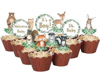 33 Woodland Animals Cupcake Toppers, Oh Baby Woodland Cupcake Toppers, Welcome Baby Cupcake Toppers, Its a Boy Cupcake Toppers, Baby Shower