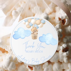 Boho Blue Teddy Bear Baby Shower Thank You Stickers- Baby Shower Round Sticker Labels | Round Matte Labels | Favor Bag Stickers
