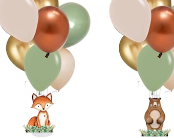 Woodland Baby Shower Balloon Centerpiece Set, Woodland Animals Baby Shower Balloon Bouquet Set, Fox and Bear Neutral Baby Shower Decorations