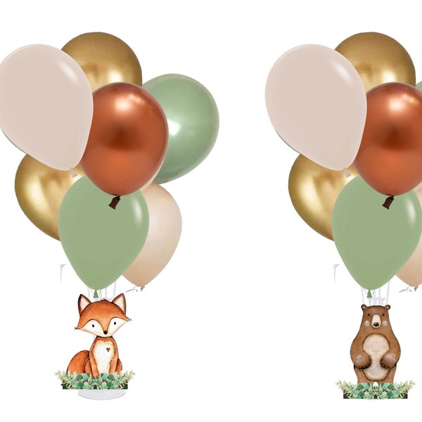 Woodland Baby Shower Balloon Centerpiece Set, Woodland Animals Baby Shower Balloon Bouquet Set, Fox and Bear Neutral Baby Shower Decorations