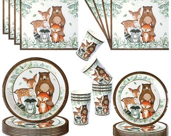 Woodland Creatures Party Supplies, Paper Plates, Paper Cubs, Napkins, Woodland Baby Shower Plates, Woodland Birthday Party Supplies, Animals