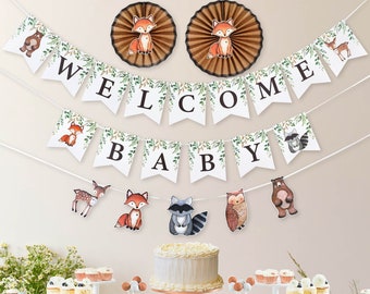 Woodland Baby Shower Banner Kit, Welcome Baby Woodland Baby Shower Banner with Woodland Animals, Paper Rosettes, Fox Cutouts