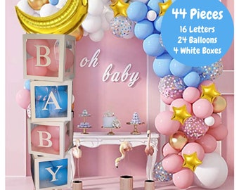 Gender Reveal Baby Block Balloon Box with Letters, Baby Shower Decorations, Jumbo Transparent Balloon Boxes, Pink and Blue,  Boy or Girl