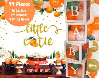 Little Cutie Baby Block Balloon Box with Letters, Baby Shower Decorations, Jumbo Transparent Balloon Boxes, Orange, White, Sage Green