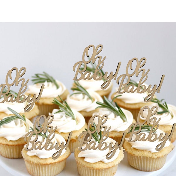 Set of 12 'Oh Baby' Wooden Cupcake Toppers - Baby Shower Decor