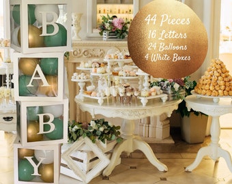 Baby Block Balloon Box with Letters, Baby Shower Decorations, Jumbo Transparent Balloon Boxes, Sage Green, White and Gold