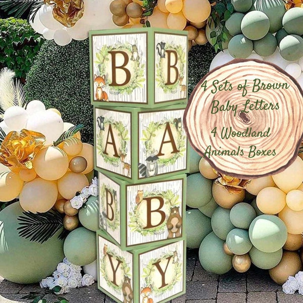 Woodland Animals Baby Block Balloon Box avec lettres brunes, décorations de douche de bébé, boîtes de ballon Jumbo, boîtes de douche de bébé Woodland