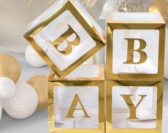 Gold Trim Translucent Baby Block Boxes, Baby Block Boxes, Baby Shower Blocks in Gold, Clear BABY Boxes with letters, Baby Shower Photo Props