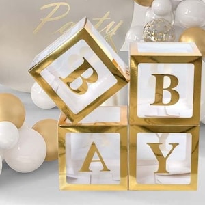 Gold Trim Translucent Baby Block Boxes, Baby Block Boxes, Baby Shower Blocks in Gold, Clear BABY Boxes with letters, Baby Shower Photo Props