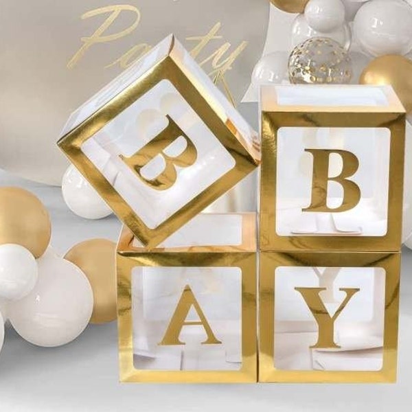 Gold Trim Translucent Baby Block Boxes, Baby Block Boxes, Baby Shower Blocks in Gold, Clear BABY Boxes with letters, Baby Shower Photo Props